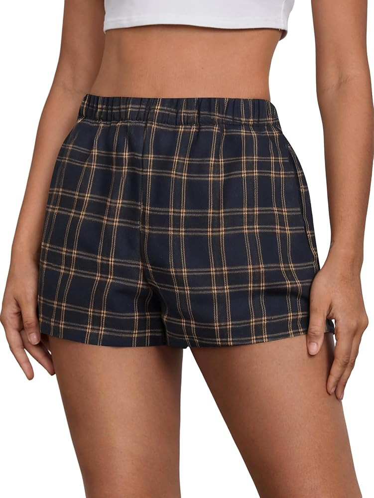 MakeMeChic Women's Gingham Pajama Bottom Elastic Waist Wide Leg Sleepwear Plaid Lounge Shorts | Amazon (US)