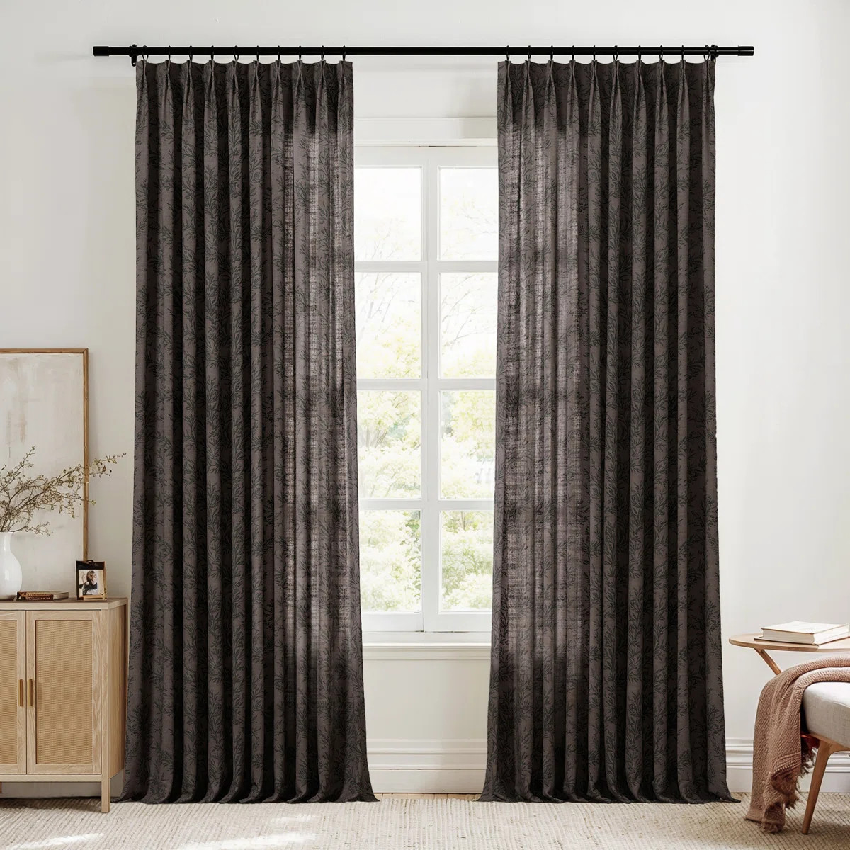 TWOPAGES Unlined Floral Curtain Printed Faux Linen Pinch Pleat Curtain | Wayfair North America