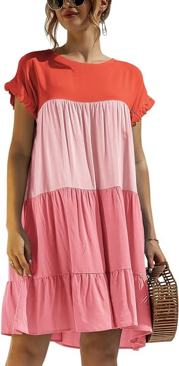 Angashion Women’s Summer Tunic Dress Round Neck Short Sleeve Ruffle Casual Loose Flowy Babydoll... | Amazon (US)