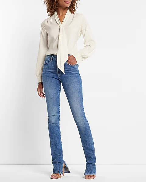 Relaxed Satin Long Sleeve Tie Neck Portofino Shirt | Express