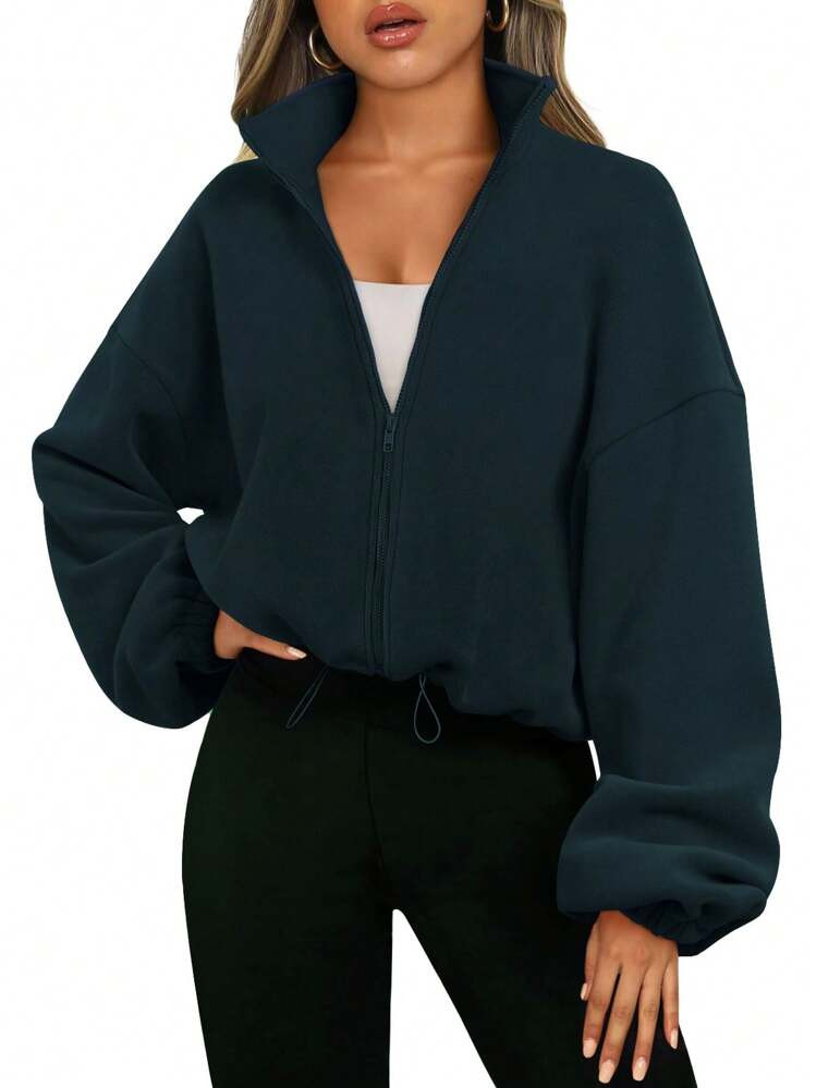 Women's Spring Fleece Crop Jacket With Zipper And Drawstring Mother's Day Outfit Women | SHEIN