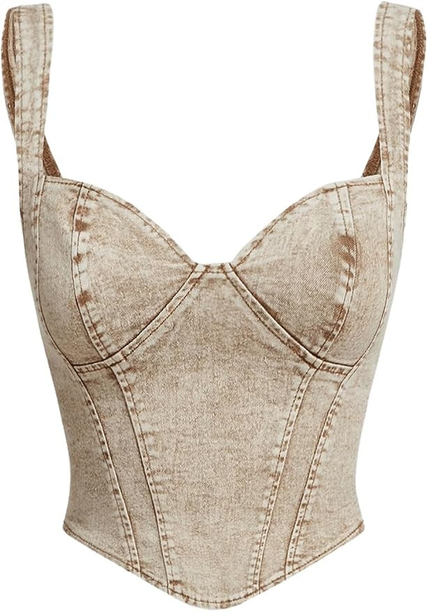 OYOANGLE Women's Denim Sleeveless Crop Tops V Neck Asymmetrical Hem Fitted Jean Corset Bustier St... | Amazon (US)