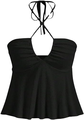AIHUKOCY Women's Sexy Floral Self Tie Crisscross Halter V Neck Sleeveless Strapless Backless Ruched Ruffle Solid Tube Tank Top Black | Amazon (US)