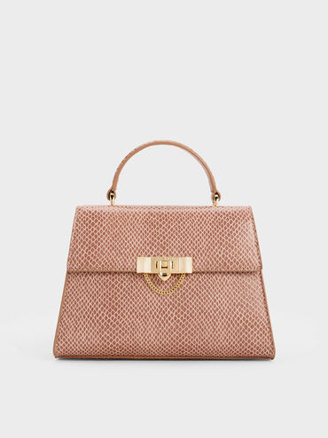 Tallulah Snake-Print Trapeze Top Handle Bag
 - Blush | Charles & Keith US