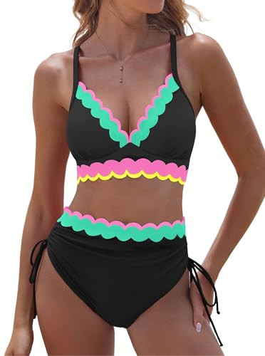 popvil High Waisted Bikini Sets for Women Two Piece Tummy Control Swimsuit 2026 Neon Full Coverage Cute Drawstring Bathing Suit Summer Beach Black Green Small | Amazon (US)