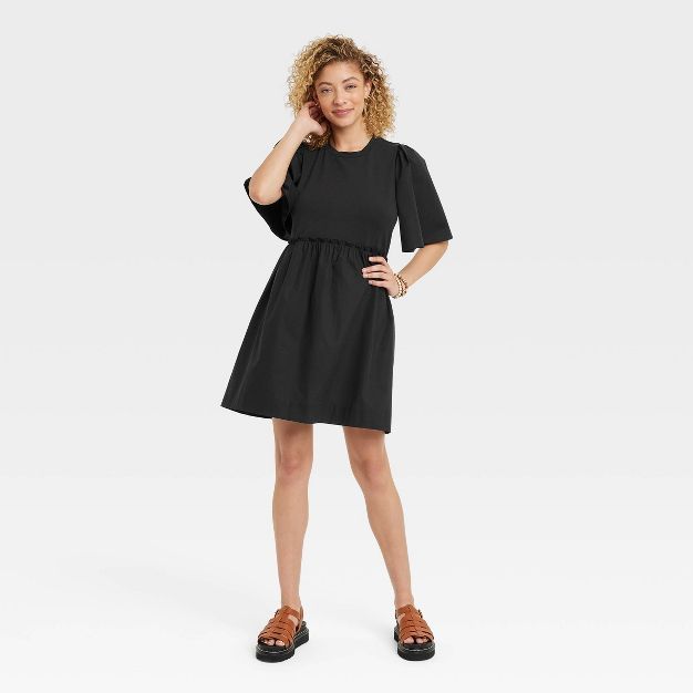 Women&#39;s Flutter Short Sleeve Knit Woven Dress - A New Day&#8482; Black M | Target