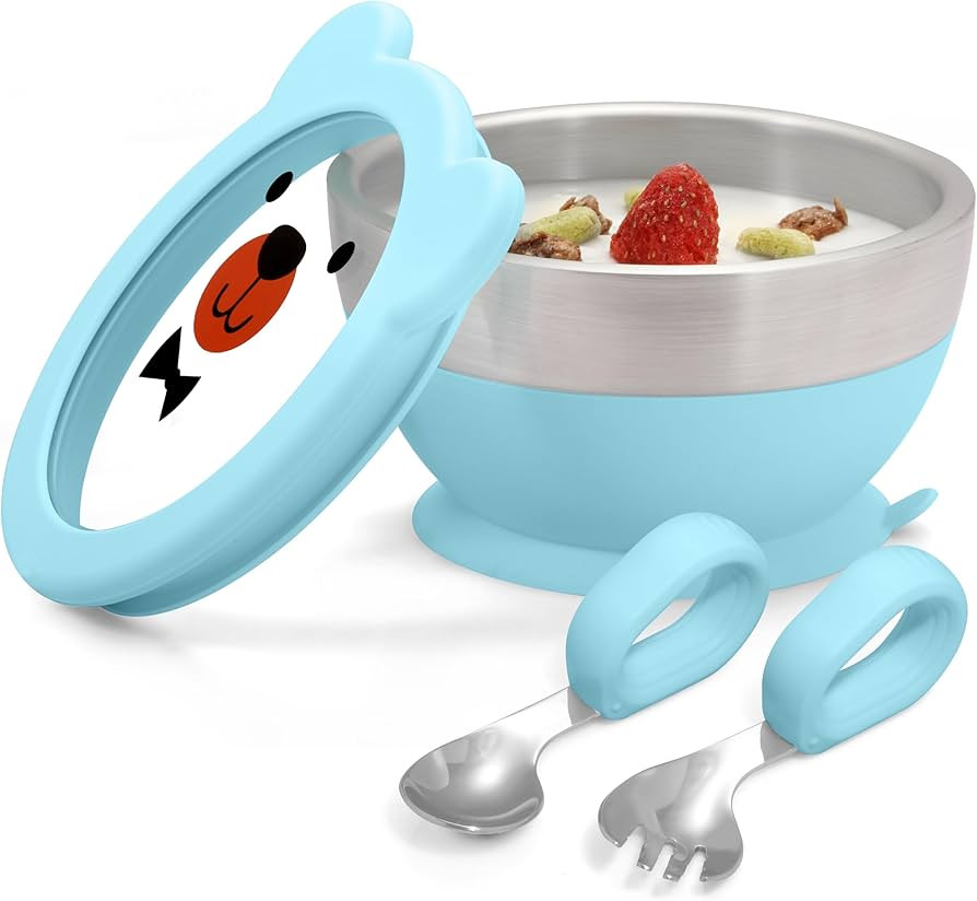 MR. CHOU Suction Baby Bowl Set with Spoon & Fork, Double-Wall 18/8 Stainless Steel Toddler Bowls ... | Amazon (US)