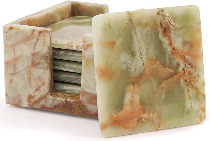 Marble Coasters Set of 6 Green Onyx 3.5 Inch Square Coaster for Drinks with Holder, Drink Coaster... | Amazon (US)