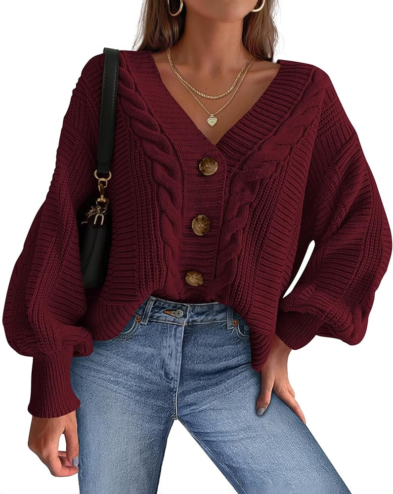 dowerme Cardigan Sweaters for Women Spring Fashion 2026 V Neck Long Sleeve Chunky Cable Knit Swea... | Amazon (US)