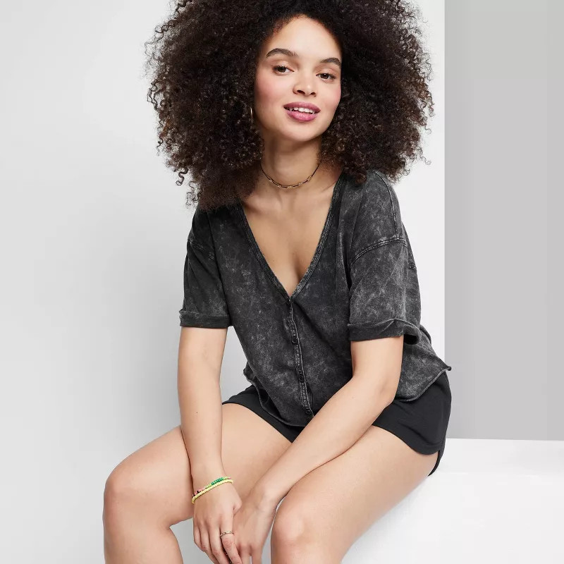 Women's Short Sleeve Button-Front V-Neck Cropped Boxy T-Shirt - Wild Fable™ | Target