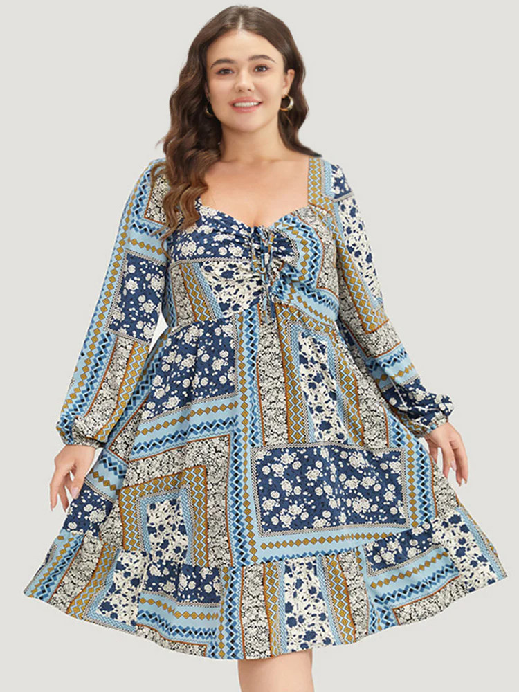 Bandana Print Patchwork Ties Pocket Lantern Sleeve Dress | Bloomchic
