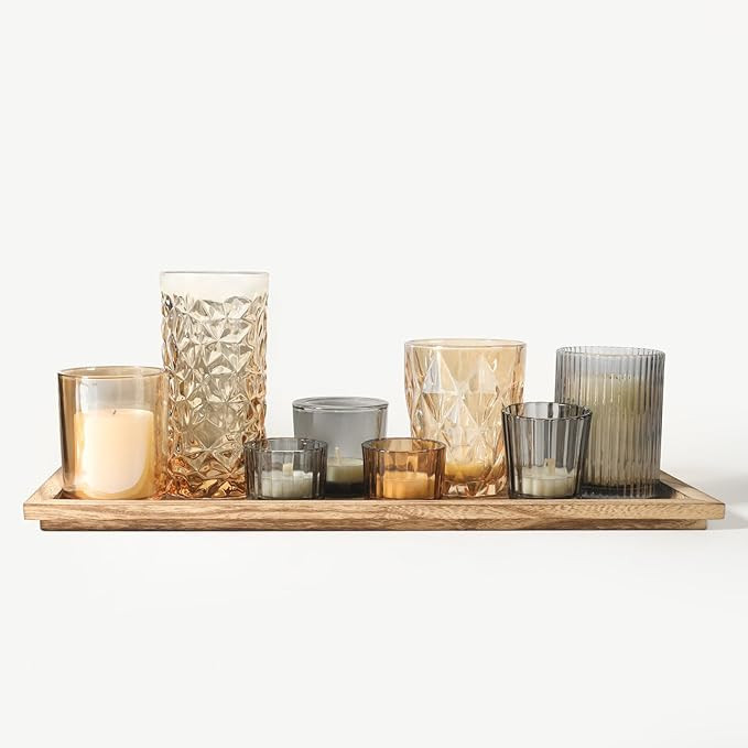 Rustic Wooden Tray with 8 Brown Glass Votive Candle Holders, Decorative Tea Light Holder Set for ... | Amazon (US)