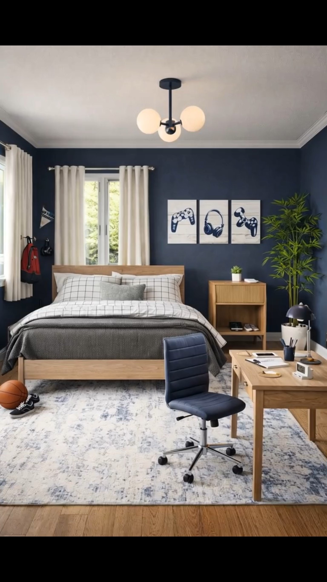 Fun and affordable teen boy room design/mood board. Abstract rug, affordable desk, blue faux leather desk chair, nightstand, affordable bed, game art, neutral curtains. #

#LTKKids #LTKHome #LTKSeasonal