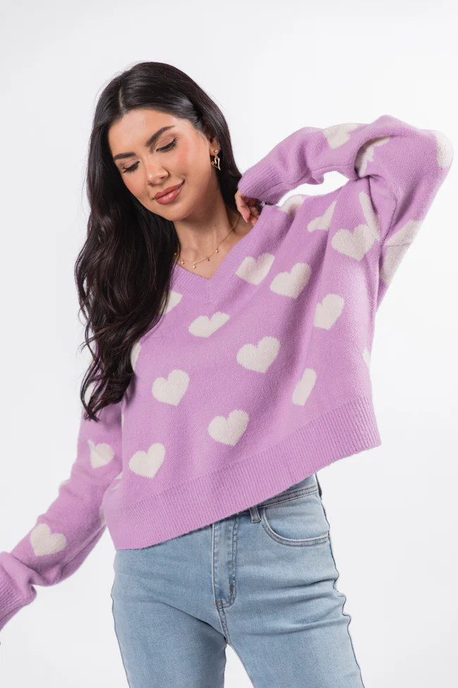 By The Book Lilac Hearts V-Neck Sweater FINAL SALE | Pink Lily