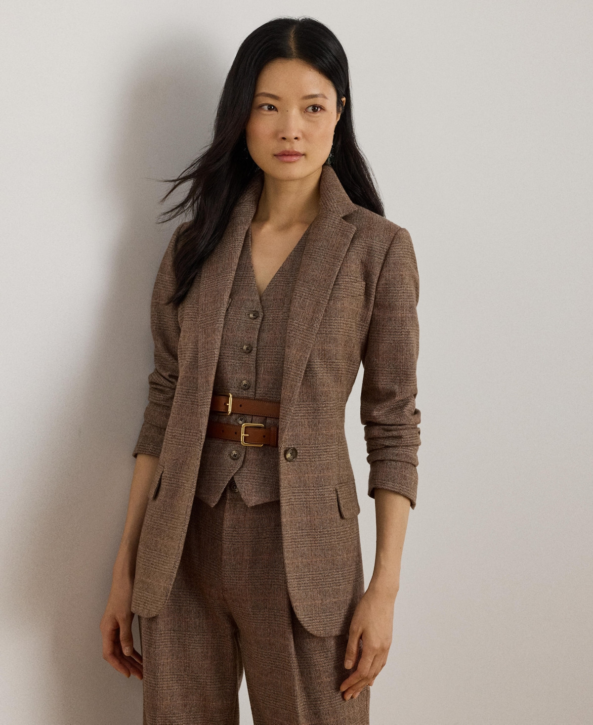 Lauren Ralph Lauren Women's Glen Plaid Cotton-Blend Blazer - Brown/cinnamon/taupe Multi | Macy's