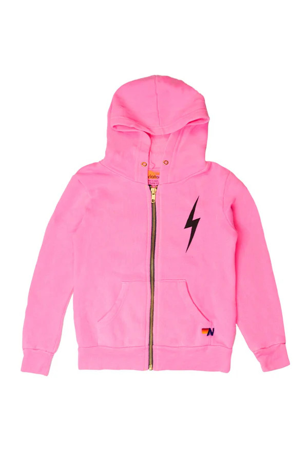 KIDS BOLT PRINT ZIP HOODIE - NEON PINK | Aviator Nation