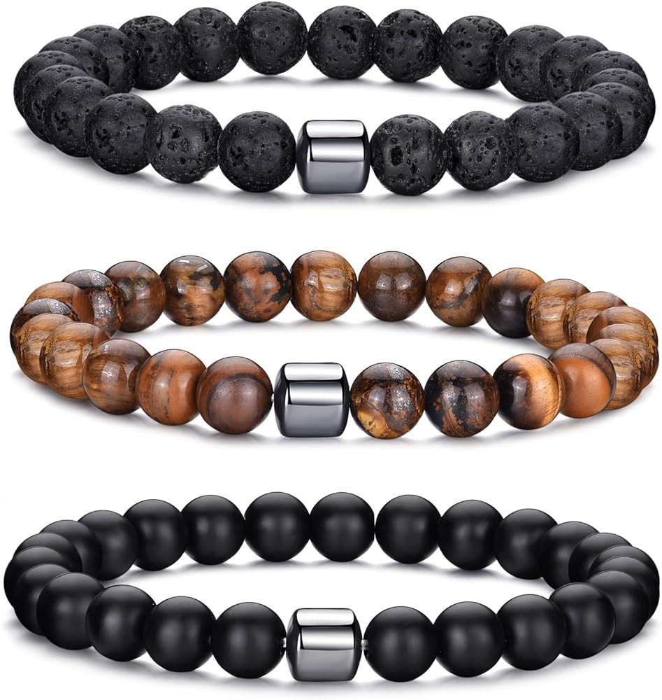 MOROTOLE Mens Beaded Bracelet Tiger Eye 8MM Natural Stone Beads Bracelet Set Adjustable Stretch L... | Amazon (US)