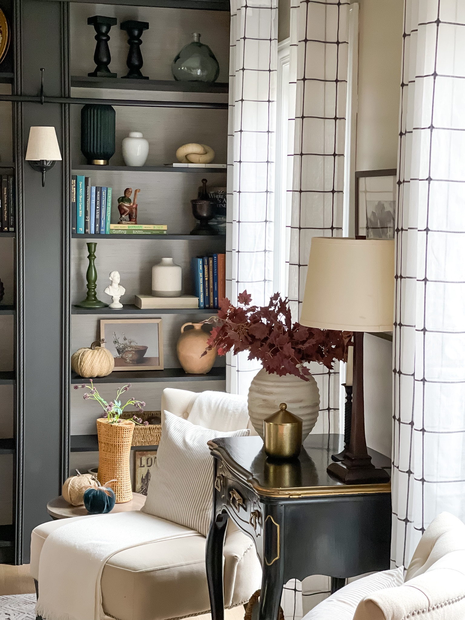 Living room and shelf decor. Curtains, home decor ideas, October decor. 

#LTKhome #LTKstyletip #LTKSeasonal