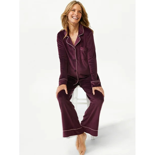 Joyspun Women's Velour Knit Pajama Set, 2-Piece, Sizes up to 3X | Walmart (US)
