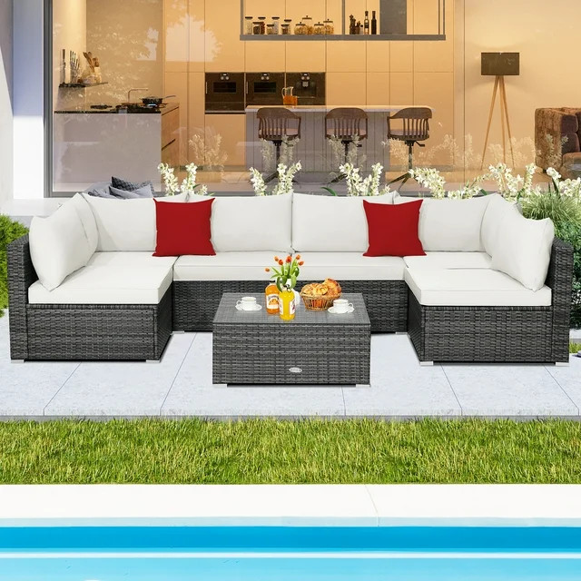 Costway 7PCS Patio Rattan Furniture Set Sectional Sofa Cushioned Off White | Walmart (US)