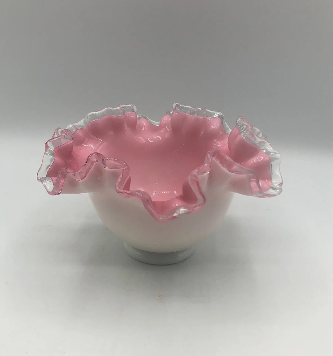 Fenton Silver Crest Milk Glass and Pink Ruffled Rim Bowl.  6.75" wide x 3.75" tall. | Etsy (US)