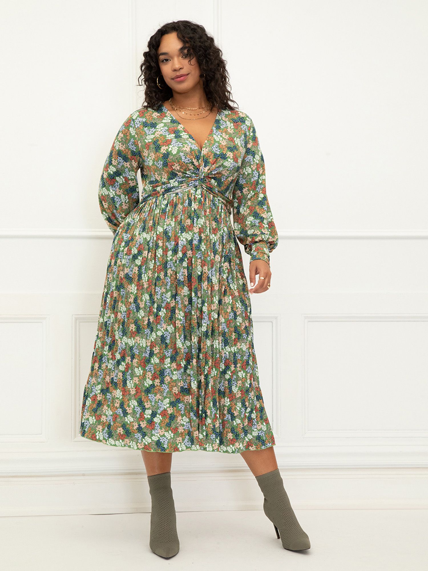 ELOQUII Elements Women's Plus Size Knot Front Pleated Skirt Dress | Walmart (US)