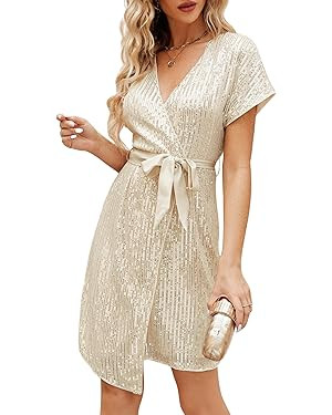 JASAMBAC Women's Sequin Dress Sparkly Glitter Short Sleeve V Neck Bodycon Dress Sparkle Party Dis... | Amazon (US)