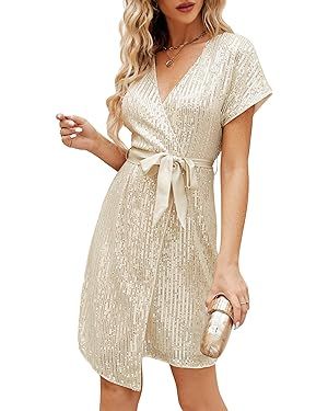 JASAMBAC Women's Sequin Dress Sparkly Glitter Short Sleeve V Neck Bodycon Dress Sparkle Party Dis... | Amazon (US)