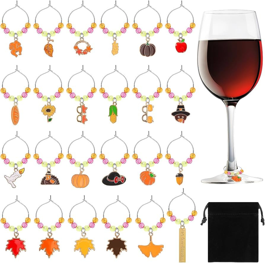 SANNIX Thanksgiving Wine Glass Charms, 24Pcs Wine Charms for Stem Glasses Glass Identifier Charm ... | Amazon (US)