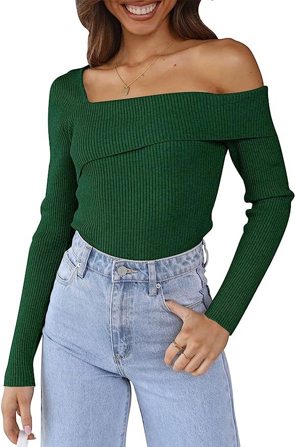 Prinbara Women's Crop Wrap Sweater Off The Shoulder Long Sleeve Ribbed Knit Tops 6PA46-hongtong-S... | Amazon (US)