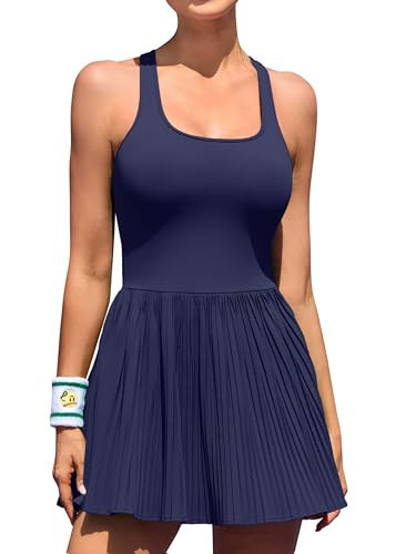 ATTRACO Women's Navy Blue Tennis Dress Athletic Dress with Pockets Workout Romper with Built in Bra S | Amazon (US)