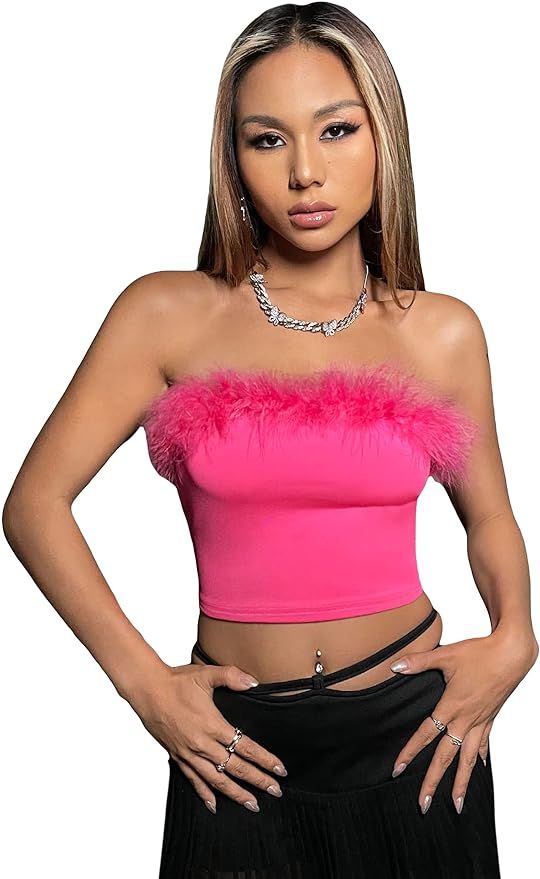 OYOANGLE Women's Fuzzy Trim Strapless Sleeveless Solid Fitted Bandeau Crop Tube Top | Amazon (US)