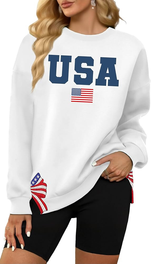 hohololo USA Sweatshirt Women American Flag Long Sleeve 4th of July Shirts USA Graphic Crewneck P... | Amazon (US)