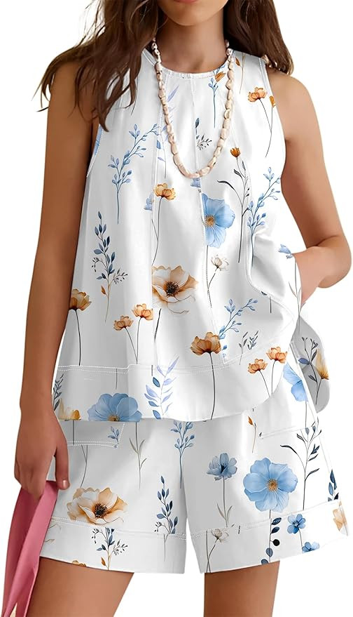 Rapbin Women Two Piece Short Set Drawstring Elastic Waist Pants Round Neck Tank Tops Comfy Sweats... | Amazon (US)