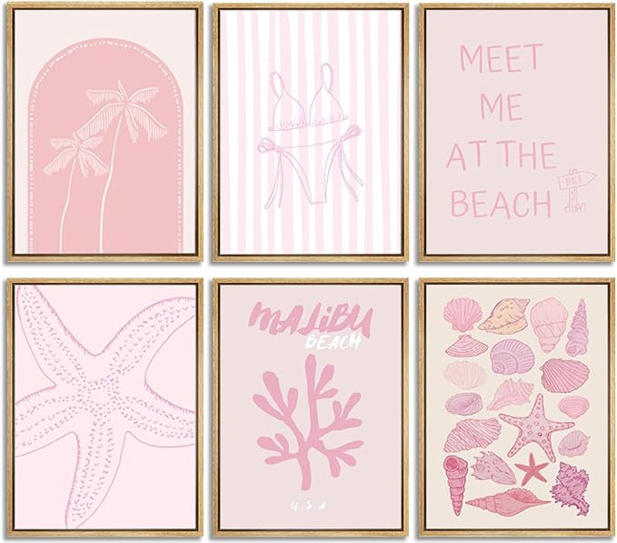 6Pcs Pink Coastal Preppy Wall art Beach Granddaughter Aesthetic Room Painting Picture Wall Decor ... | Amazon (US)