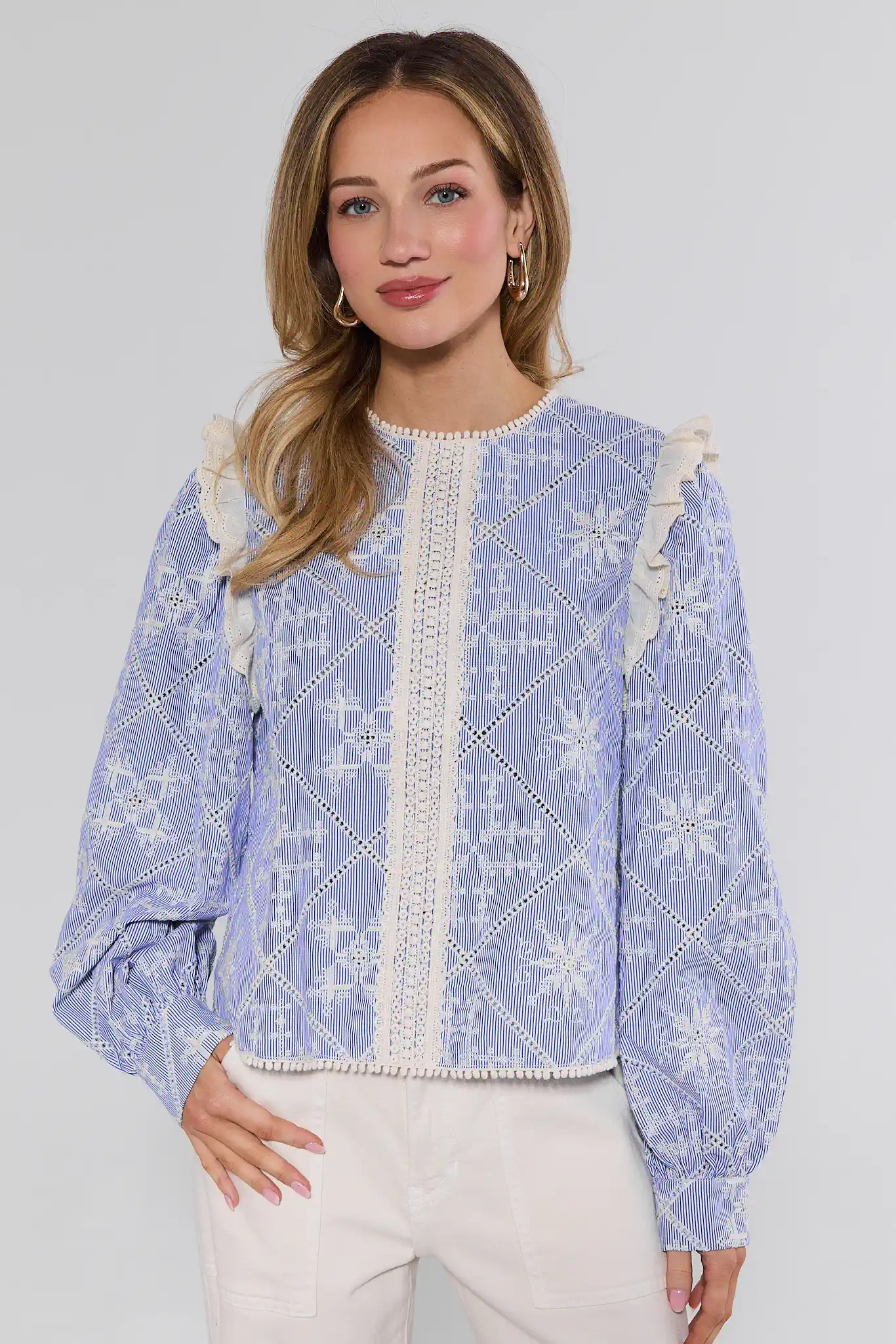 Carly Blue Embroidered Long Sleeve Top | Avara