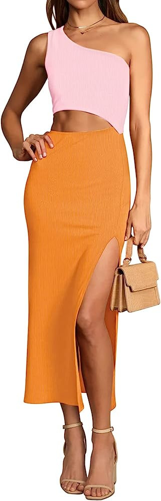 Pink Queen Women's Summer One Shoulder Sleeveless Cutout Side Slit Bodycon Maxi Long Dress | Amazon (US)