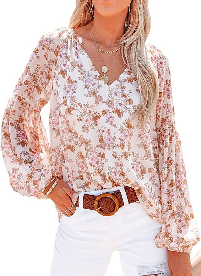 SHEWIN Womens Casual Boho Floral Print V Neck Long Sleeve Loose Blouses Shirts Tops | Amazon (US)
