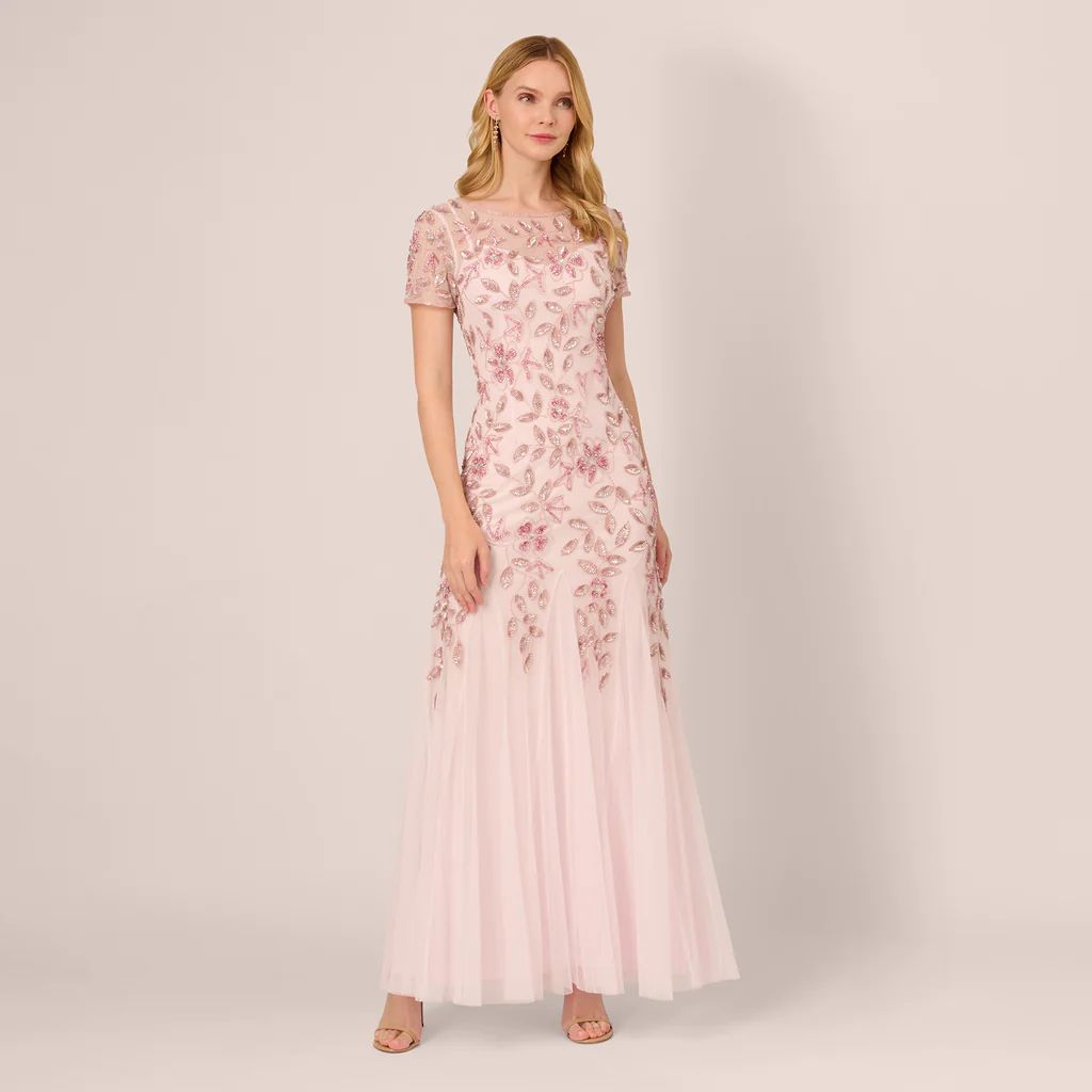 Hand Beaded Short Sleeve Floral Godet Gown In Blush Pink | Adrianna Papell