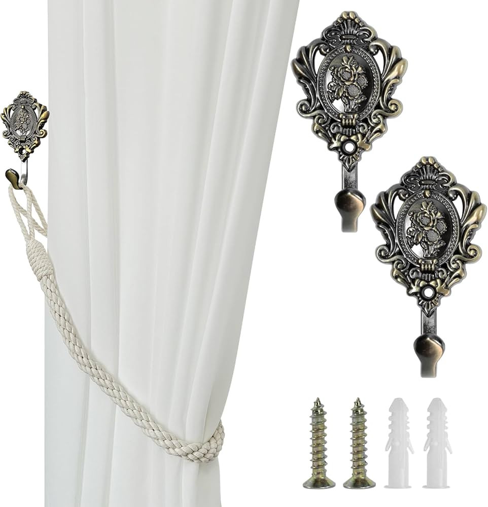 2Pcs Curtain Holdbacks Wall Hanger,Zinc Alloy Curtain Holdbacks, Flower Pattern Carved Vintage Dr... | Amazon (US)