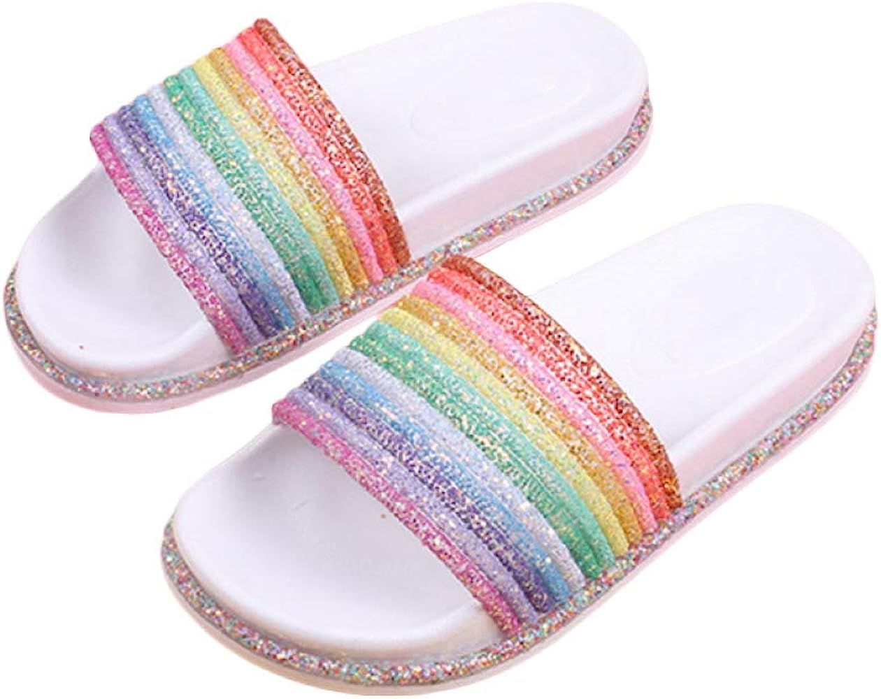 Womens Open Toe Rainbow Slides Sandals Glitter Encrusted Slip On Cute Backless Beach Flats Slippe... | Amazon (US)
