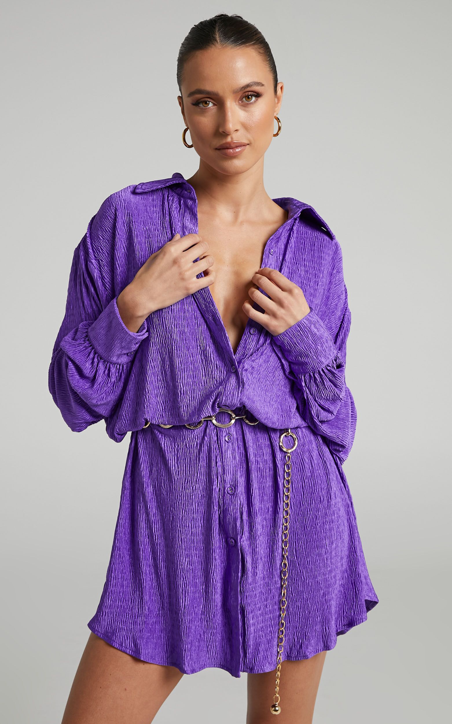 Beca Mini Dress - Crinkle Button Up Shirt Dress in Purple | Showpo (US, UK & Europe)