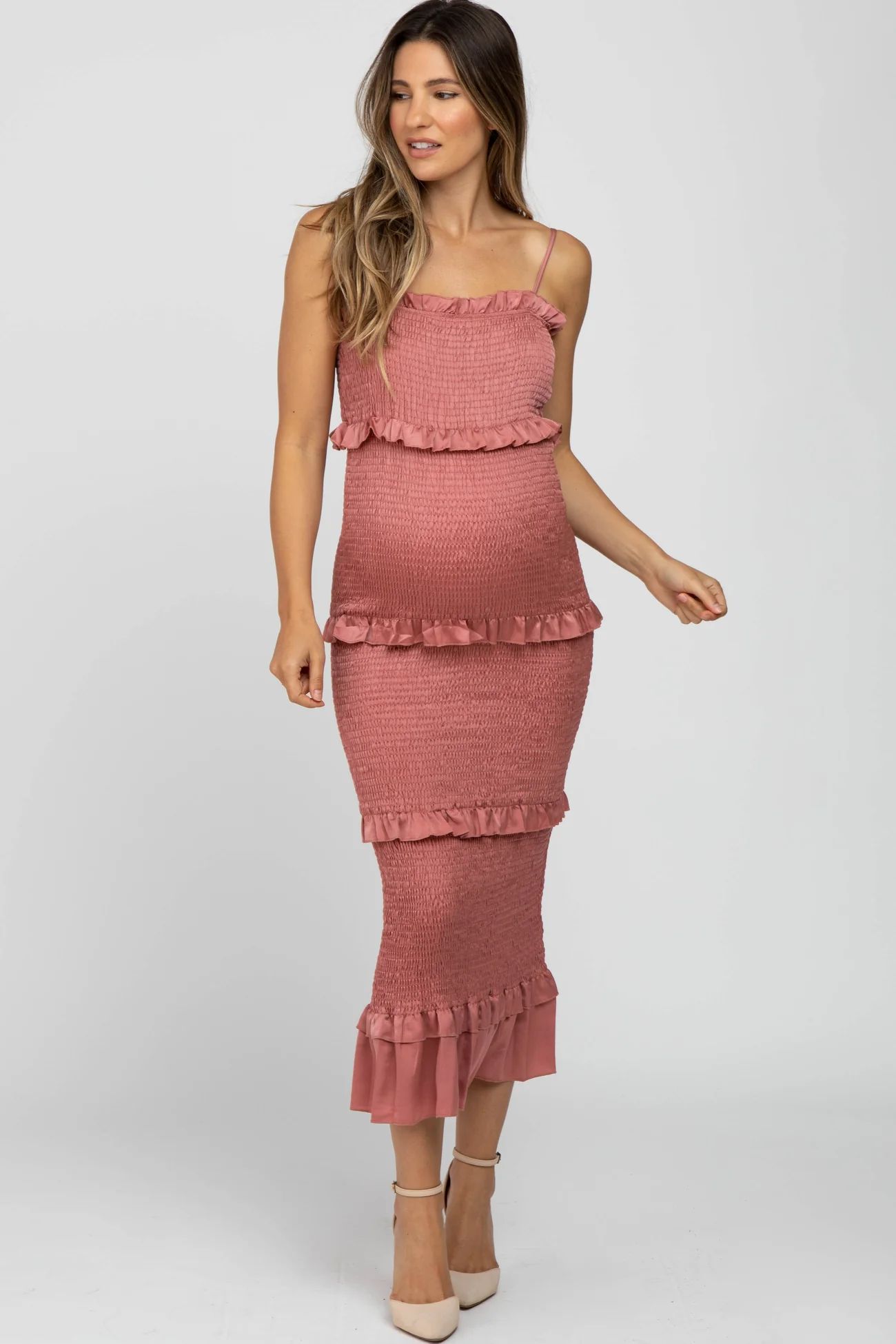 Mauve Satin Smocked Fitted Maternity Midi Dress | PinkBlush Maternity
