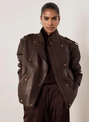 Burgundy Leather Oversized Bomber Jacket | Mint Velvet