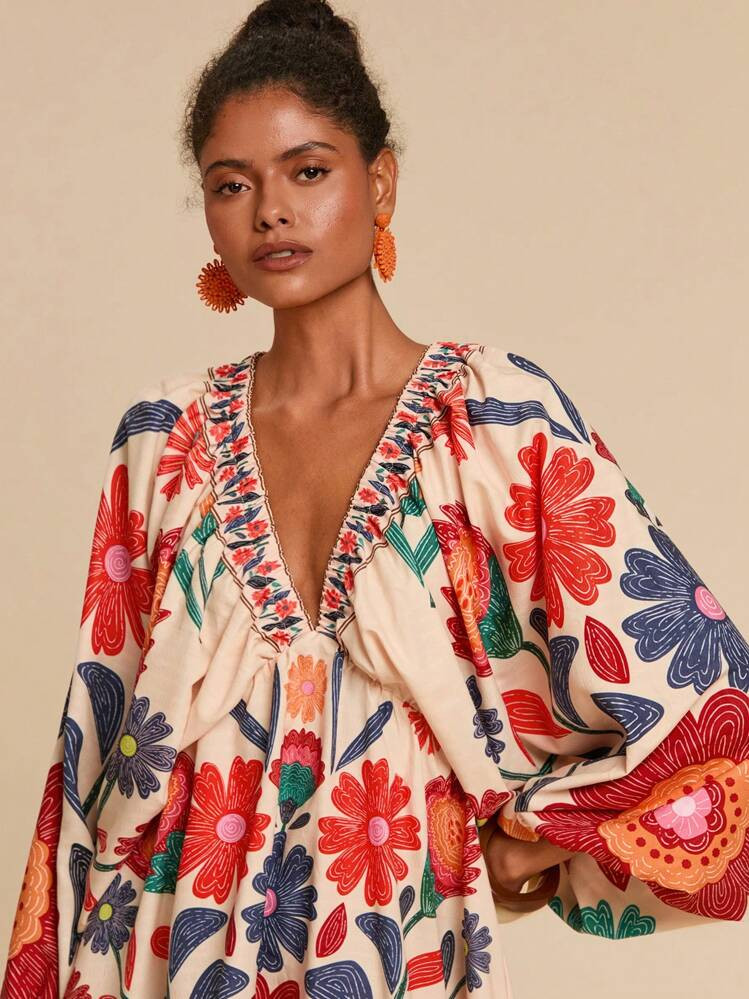 Travachic V-Neck Long Sleeve Mini Chiffon Dress With Floral Print For Women, Suitable For Vacation,Vacation Style,Woven Graphic Printed,Casual Summer Vacation Outfits Woman,Bohemia Beach Vacation Outfits,Boho Chic,Holiday Festival Outfits,Beach Outfits For Woman,Summer Outfits For Women,Graduation Outfit,Birthday Outfits For Women,Beach Essentials, Airport Outfit For Women,T Ea Party Dress ,Birthday Dress, Summer Sun Dress,European Summer, Boho Clothes Women,Elegant Dress For Women | SHEIN