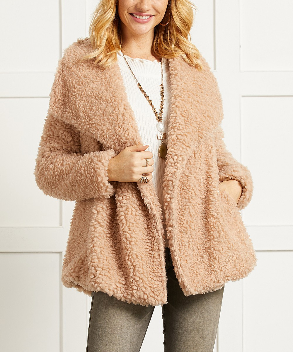 Suzanne Betro Women's Non-Denim Casual Jackets 103Tan - Tan Shawl-Collar Faux Fur Teddy Coat - Women | Zulily