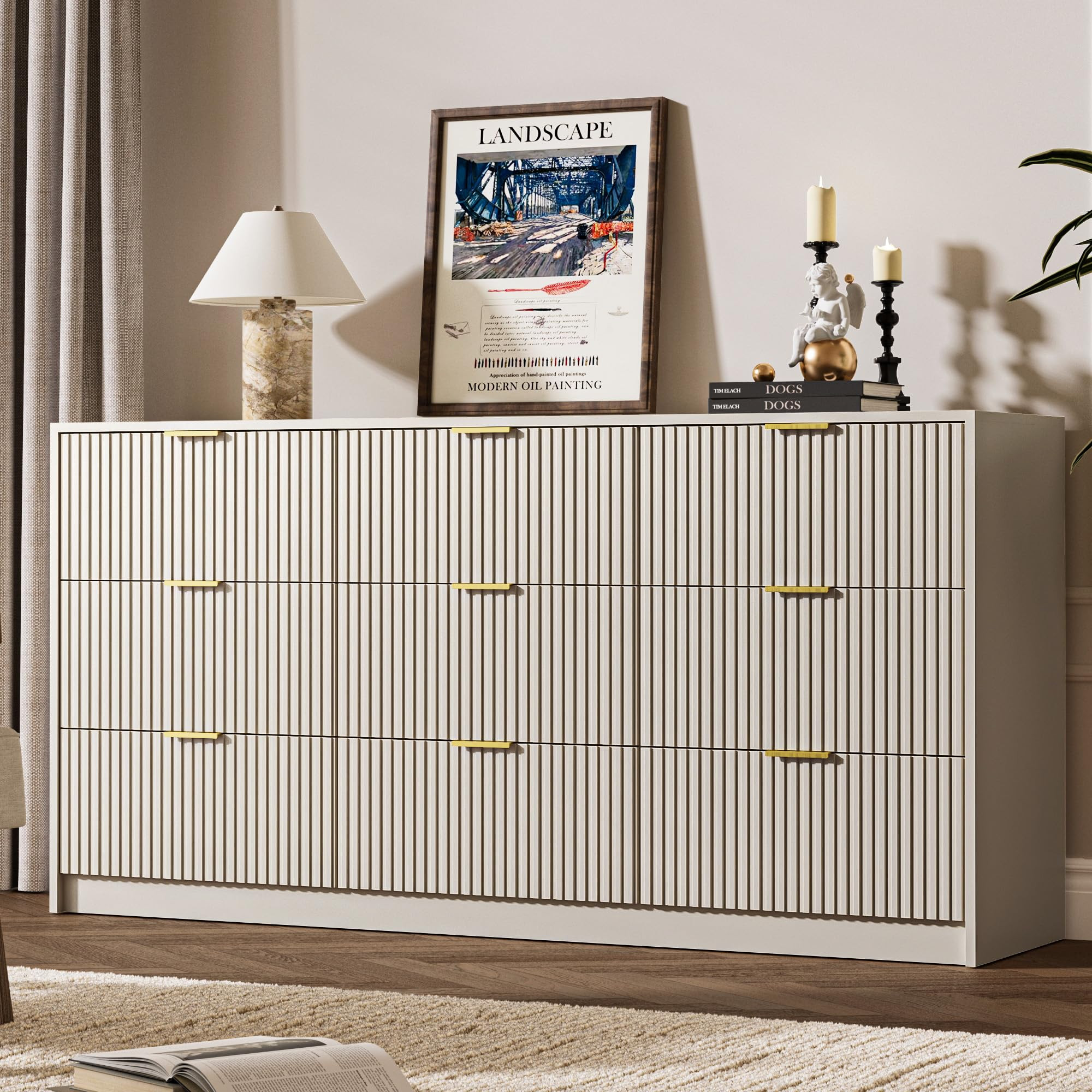 Beige Dresser for Bedroom, 9 Drawer Double Dresser, Modern Chest of Drawers for Bedroom, Living R... | Amazon (US)