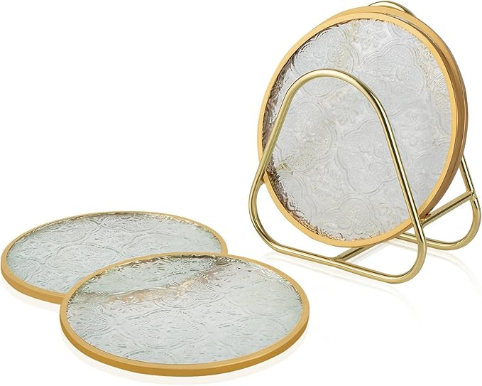 Glass Gold Coasters with Holder Set of 4, Round Cup Coaster Set with Carved Glass Stylish for Cof... | Amazon (US)