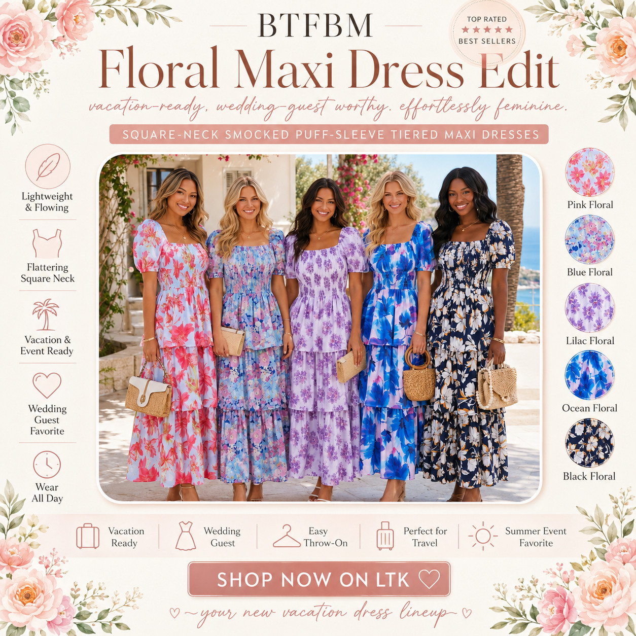BTFBM Summer Chic | Square-Neck Smocked Puff-Sleeve Tiered Floral Maxi Dresses

These are the easy floral maxis that make summer event dressing feel polished without trying too hard. ☀️ 

This BTFBM square-neck smocked maxi dress edit is perfect when you want something feminine, comfortable, and elevated for vacation, wedding guest plans, brunch, summer dinners, bridal showers, beach trips, garden parties, and warm-weather events.

The square neckline feels flattering and classic, the smocked bodice gives that comfortable hold, and the puff sleeves + tiered maxi shape make the whole dress feel soft, flowy, and photo-ready. 

It’s one of those pieces that looks styled with minimal effort — just add sandals, wedges, a raffia bag, gold jewelry, or a simple clutch and you’re done.

This solves the “I need a dress that’s pretty enough for plans but comfortable enough to actually wear all day” problem so well. 

It feels breezy for travel, polished for events, and easy to rewear for everything from vacation dinners to weekend plans.

I pulled together the floral styles worth checking first so you can skip the endless scrolling and go straight to the colors that feel the most wearable, flattering, and summer-ready.

📌 SAVE this for floral maxi dresses, summer wedding guest outfits, and vacation-ready looks you can dress up or down.

↓ Everything is linked!

#LTKActive #LTKSaleAlert #LTKTravel
