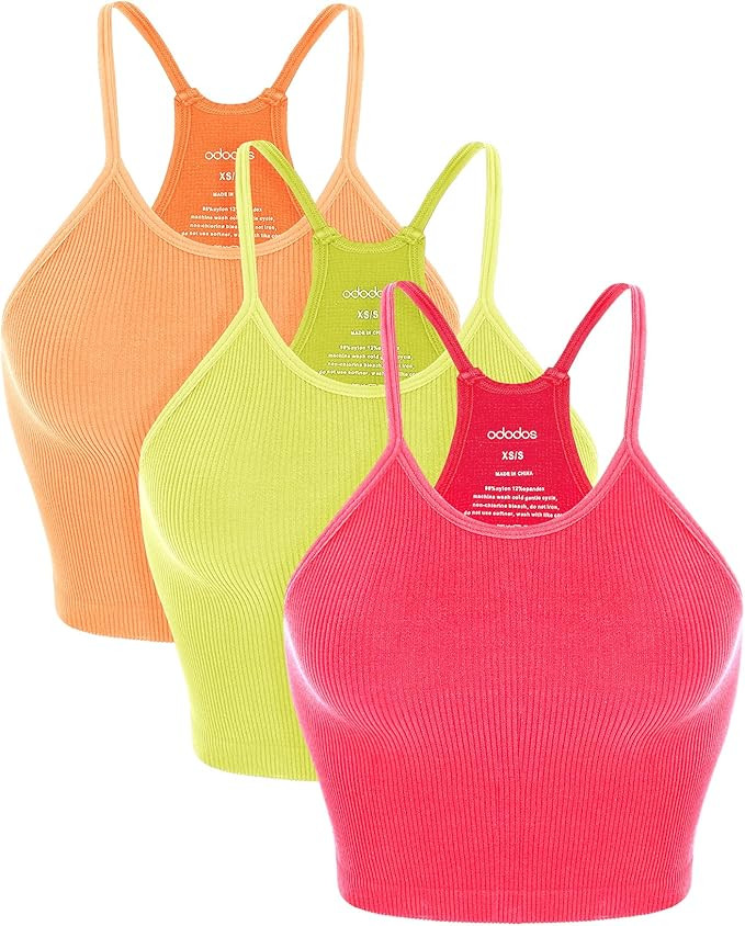 ODODOS Women's Crop 3-Pack Seamless Rib-Knit Camisole Crop Tank Tops | Amazon (US)